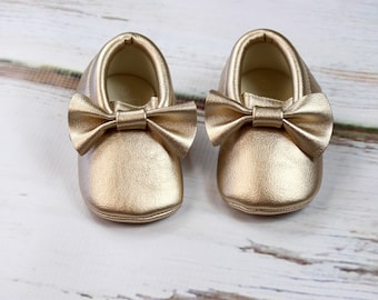 Gold Baby Moccasins | Gold Baby Moccasin w/ Bow | Gold Metallic Faux Leather Moccasins | Newborn Mocs | Gold Baby Shoes