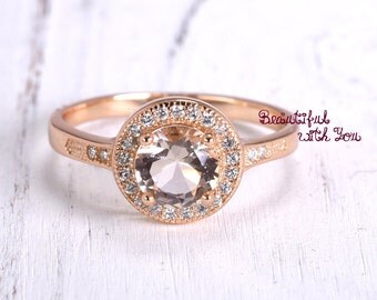 Rose Gold Morganite Ring, Rose Gold Ring Engagement, Rose Gold Wedding Ring, 925 Sterling Silver Rose Gold Plated Morganite CZ