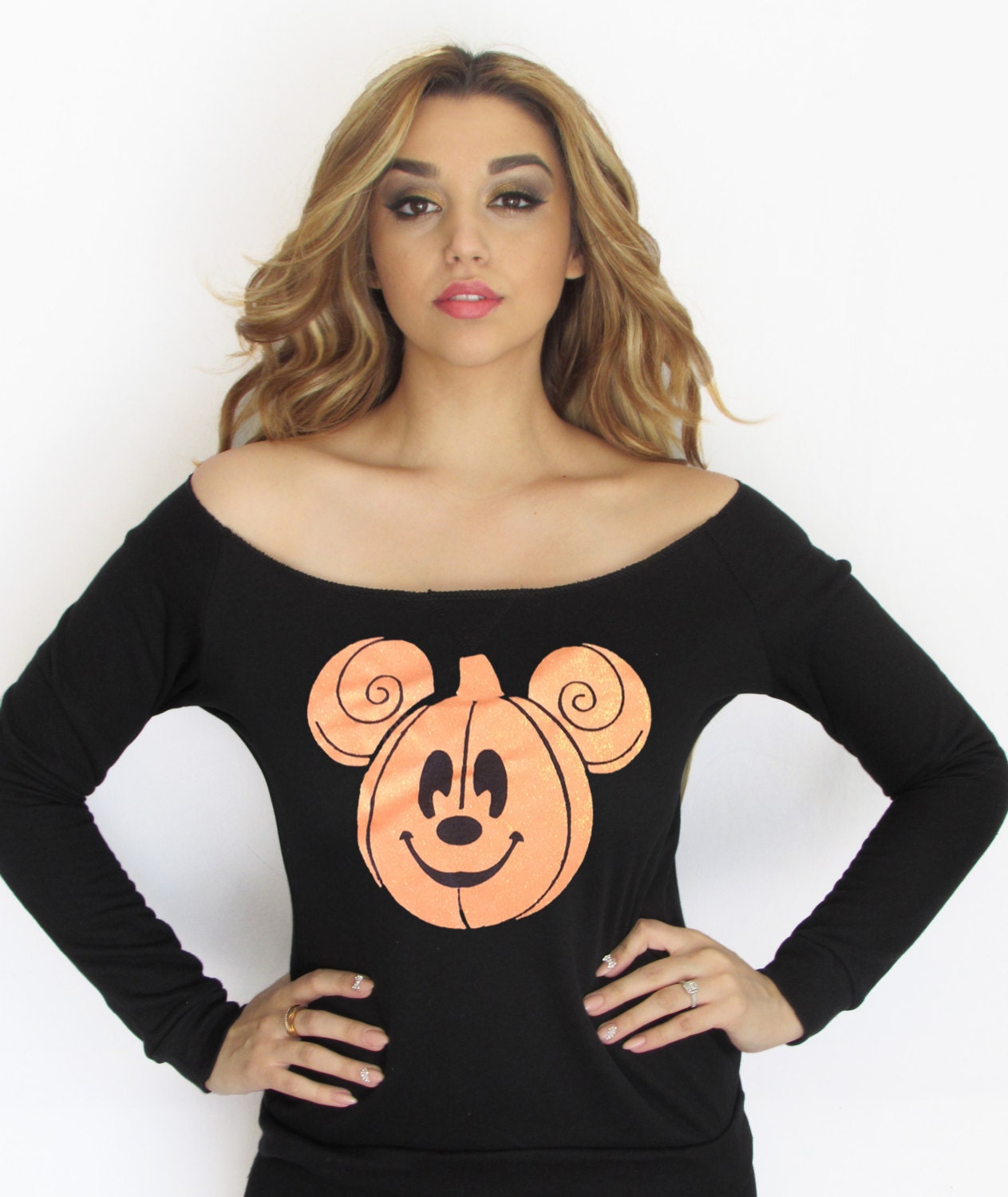 Mickey Halloween off shoulder sweatshirt. Wide Neck Fleece