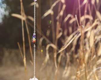 Mobile in semi-precious stones, Quartz Rosé Brut, 7 Chakras, Amethyst
