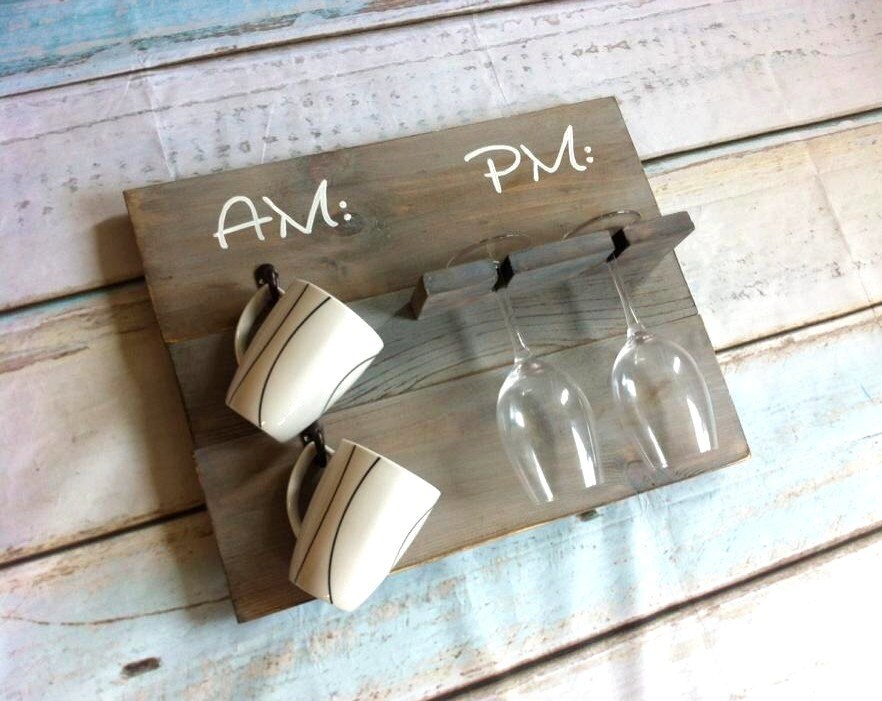 AM PM coffee mug wine glass holder Farmhouse Kitchen
