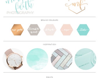Teal Honeycomb Calligraphy Watercolor, Photography Branding Kit Logo Design, Rose Gold Blush, Premade Submark Watermark Stamp, 032