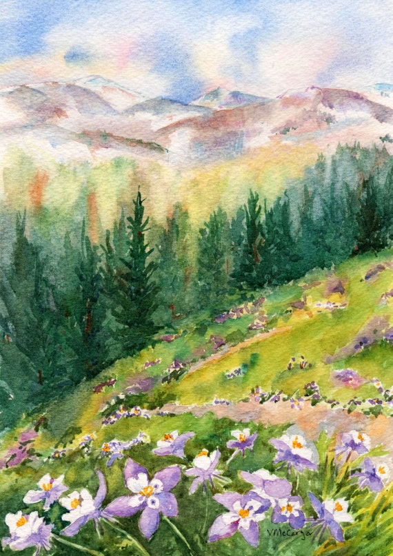 Columbine Flower Watercolor Mountain Card. StellaJaneCards.