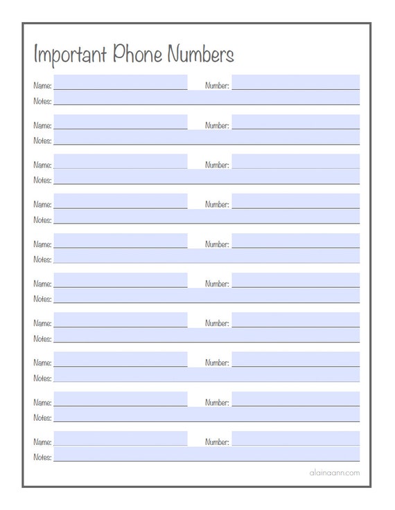 Important Phone Numbers Printable Type Ready / Editable