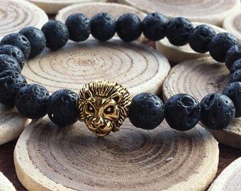 Mens Lion Bracelet/Leo Lion Jewelry/Black Lava Gemstone/Bracelet for Men/Lionhead Bracelet/Men Jewelry/Gift for Him/Leo Bracelet/Protection