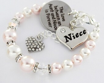Swarovski Pink /White pearls -Bicones Aunt /Niece + Niece Heart,R. Heart,Christmas gift, Birthday gift, Baptism gift, Niece gift,Goddaughter