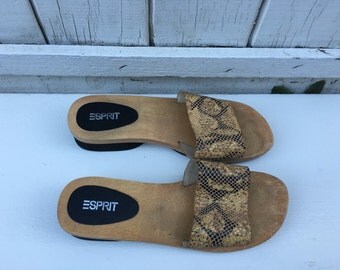 Vintage Wood Slide On Sandals - Snakeskin Esprit Slip On Sandals - Size 10 Sandals - Leather and Wood 90's Sandals - SHO-06