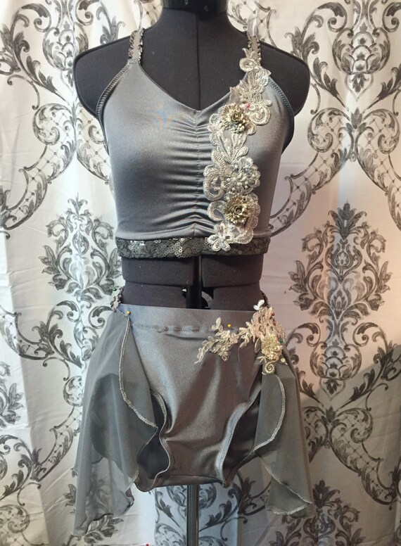 Items similar to Lyrical dance costume in Metallic silver lace and grey ...