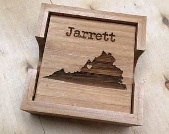 State Coasters, State Love, Home & Living Gift, Personalized Coaster Set, Wood Engraved Coaster, Wedding Gift, Couples Gift