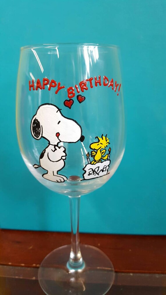 Snoopy Happy Birthday Wine Glass by SplashoColors on Etsy