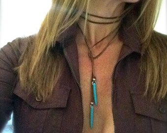 Choker Turquoise Leather Choker Vegan Suede Lariat Tie Necklace Boho Choker Gift for Her Long Modern Minimalist Spike Bullet Dagger Hippie