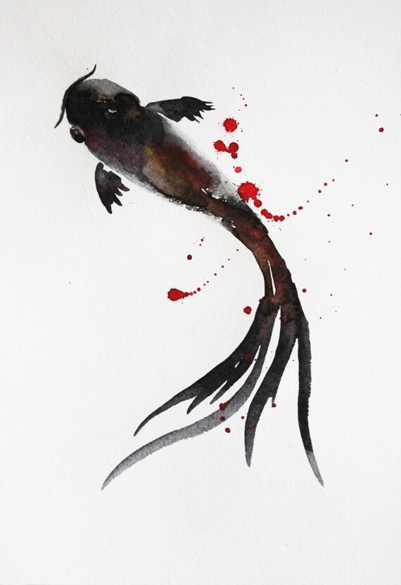 Original Watercolor Painting Koi Fish Black Sea Original Watercolor Painting Koi Fish Black Sea Blackfish Girt Art