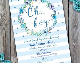 Printable floral baby boy shower invitation, it's a boy shower, floral shower, floral wreath invitation shower, oh boy shower blue stripes
