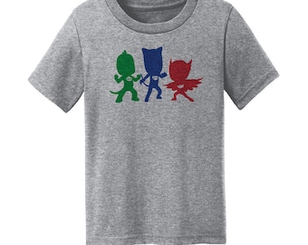 PJ Heroes - "PJ Heroes Silhouettes" - Masks Heroes - Owlette, Catboy, and Gekko Shirt - Gray Toddler, Youth, and Adult Size T-Shirt