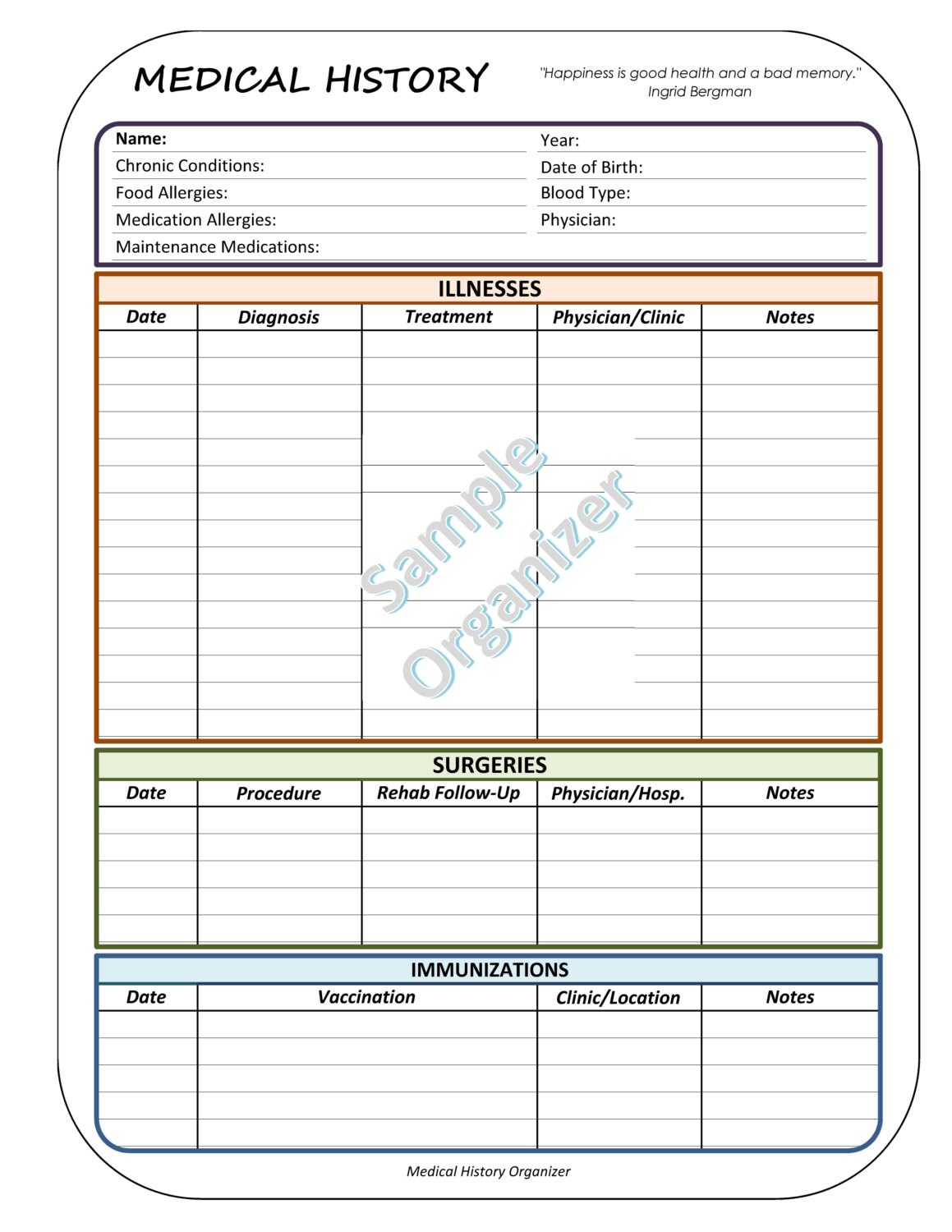 Medical History Organizer Illness Surgeries & Immunization