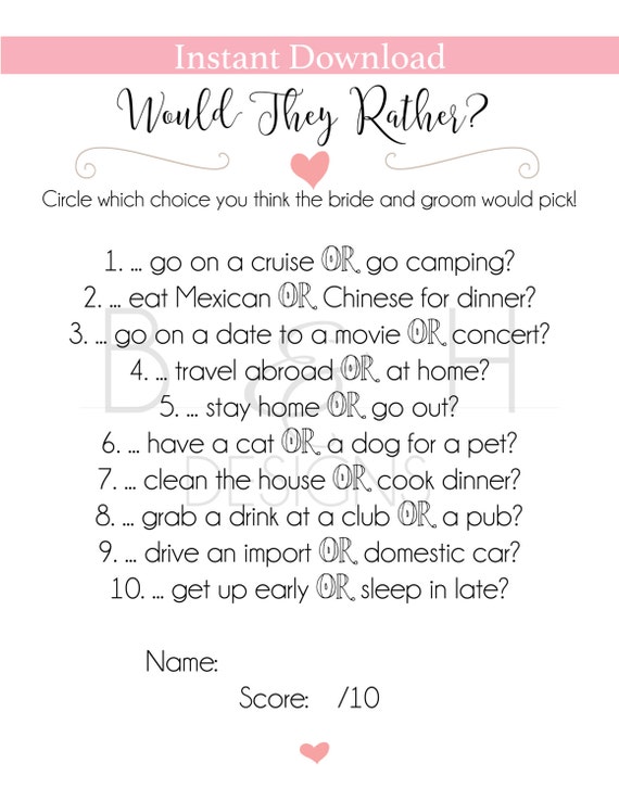 Printable Instant Download Bridal Shower Game By Bandhdesign Would They Rather Bridal Shower Template