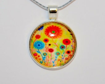 Flower Pendant, Flower Necklace, Glass cabochon, Flower Jewelry.