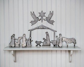 Nativity- 12 piece set- raw steel (STABLE measures -12"w x 9"h, see more below) (nativity, metal art, silhouette, wall decor, Christmas)
