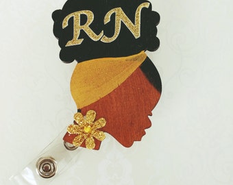 Gold ID Badge Reel RN Lpn Lvn MD Retractable Holder Painted Afro Bun Rhinestone Wood Flowers Custom Nurse black American Work Office Gift