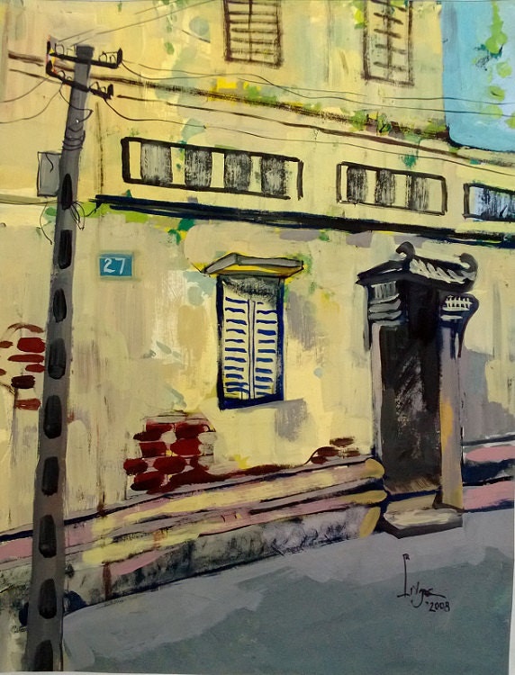 YELLOW HOUSE 16X20" gouache on paper, live painting, Vietnam village scene (Cự Đà), original by Nguyen Ly Phuong Ngoc