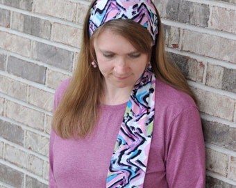Women's Pink Multicolor Stretch Hair Wrap, head scarf, headscarf, hair scarf, hairscarf, head covering, headband, hair tie, head wrap