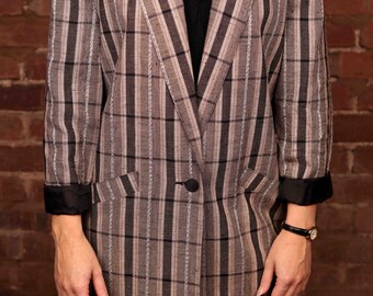 Vintage 90s Blazer Jacket C&A Oversized Check Patterned Black Grey Size 12
