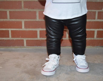 Black Faux Leather - Baby Leggings, Toddler Leggings