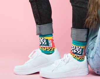 Modello forma calzini, calzini pazzeschi, fulmine calzini, calzini variopinti per donne, leopardo calze, calzini argyle donna, calze donna funky, calzini
