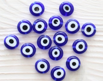 12pc-10mm tiny evil eye beads, flat glass beads, lamp work beads, navy blue, blue evil eye, glass beads, handmade, round glass beads, DIY