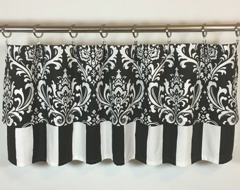 Black & White Damask Valance - FREE SHIPPING - Striped Valance - 50x16 - Cotton Lined - Rod Pocket - Curtain
