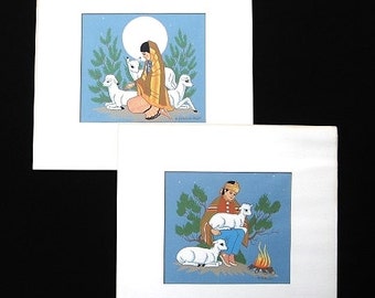 Two Harrison Begay Framed Serigraph Prints Navajo Boy, Girl, Lambs