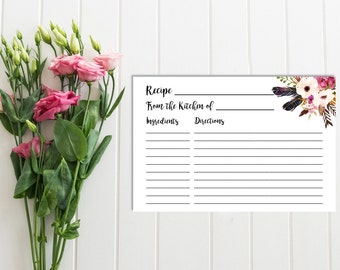 Boho Floral Wreath Recipe Card, Printable Recipe Card, Feathers Boho Recipe Card, Floral Recipe Card, Invite Insert, Instant Download 111-W