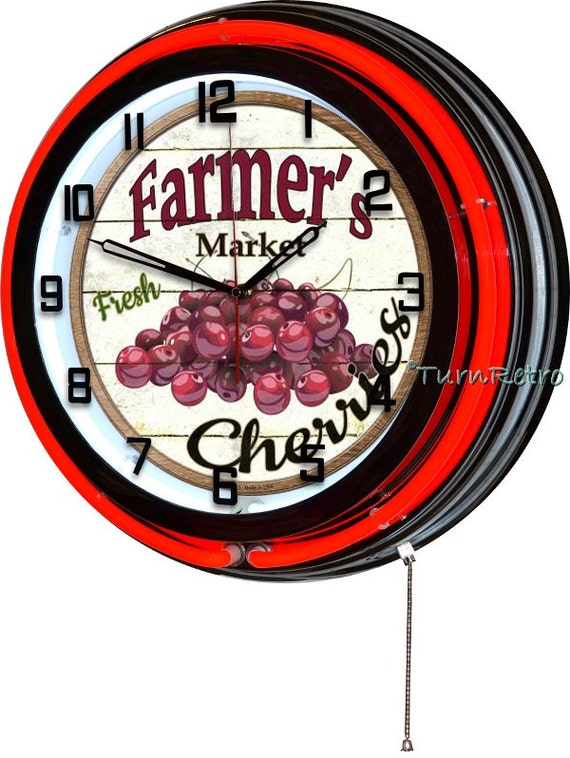 Cherries Red Neon Large Wall Clock Kitchen Clocks