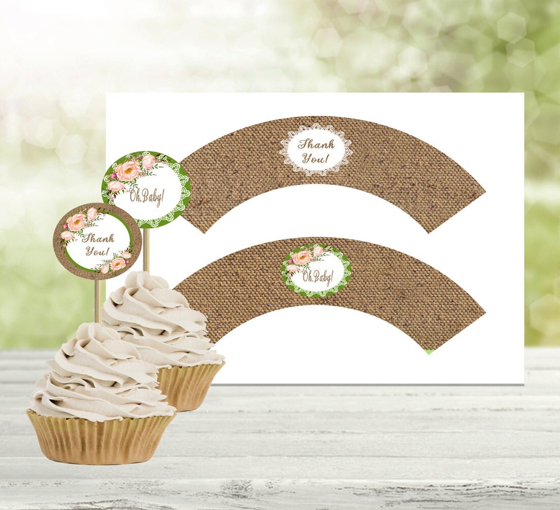 Burlap Cupcake Wrappers Rustic Printable wrapper Baby shower