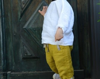 Unisex dark yellow pants trousers for boys and girls made from linen, handmade, organic, light, natural, also available in light melange