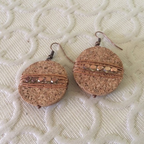 Wire wrapped cork earrings boho jewelry upcycled wine cork