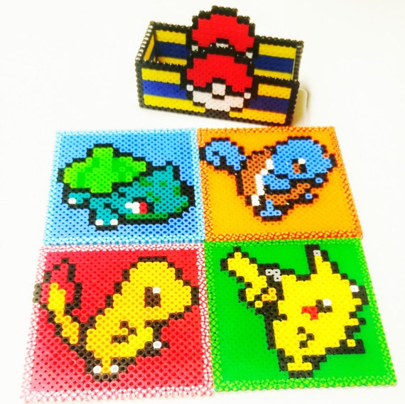 Items similar to Handmade Pokemon Coaster set with holder, Perler bead