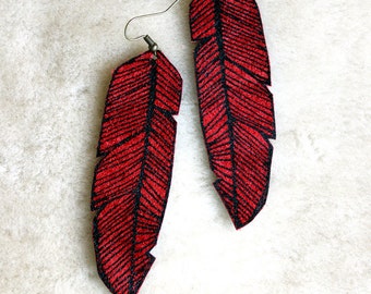 Screen Printed Leather Earrings-Red and Black Feather