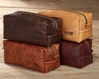 Kamali Leather Toiletry Bag Travel Shaving Dop Kit with Free Monogram and Optional Interior Message Gift for Man Groomsmen Wedding Grad