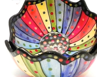 Rainbow Striped Ceramic Bowl (1) One Stoneware Made to Order BWL0008