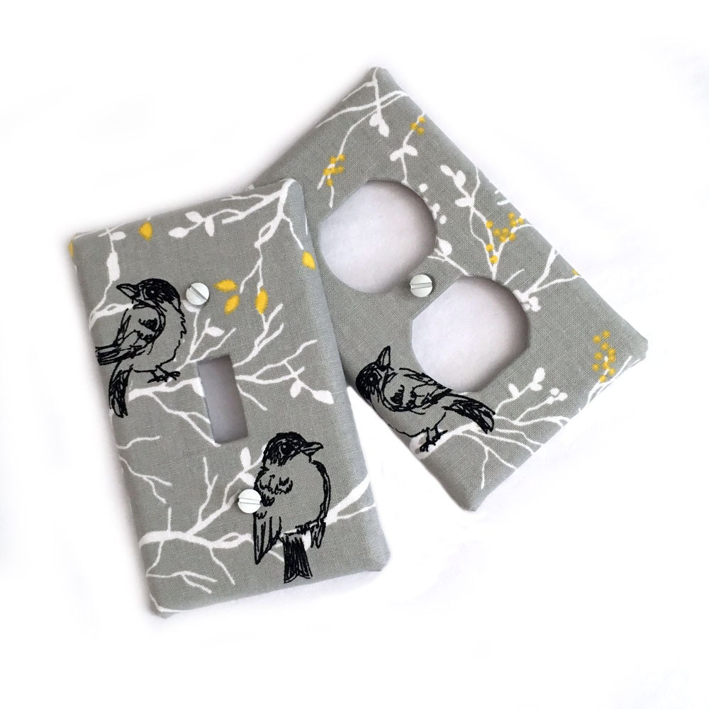 Fabric Covered Light Switch Plate Cover grey with birds