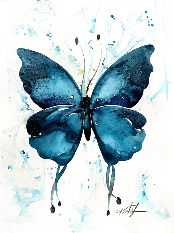 Abstract Butterfly Watercolor painting Teal blue aqua Art