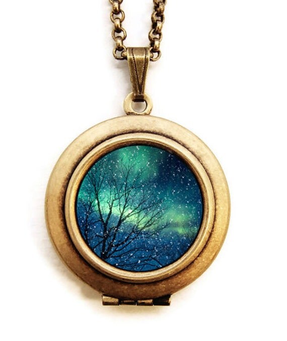 Stars in Space Photo Locket Necklace Northern Lights