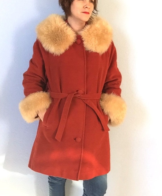 Vintage Orange Fur Trimmed Winter Coat Womens Large