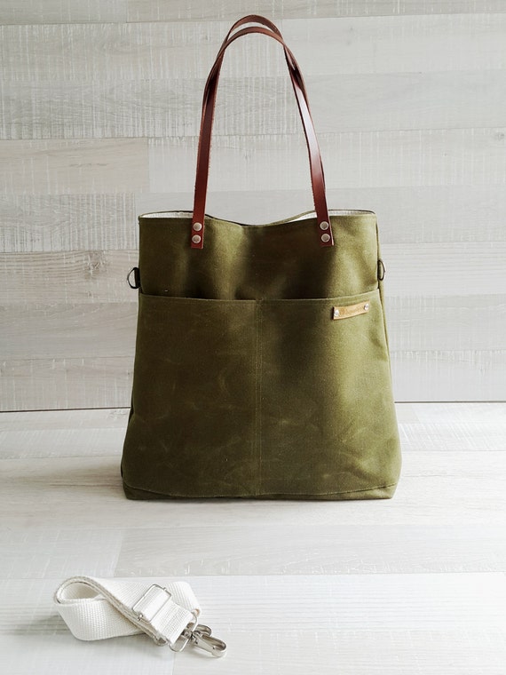 Waxed Canvas Simply Tote Bag in Army Green unisex by bayanhippo