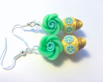 Yellow and Green Day of the Dead Floral Sugar Skull Earrings Small