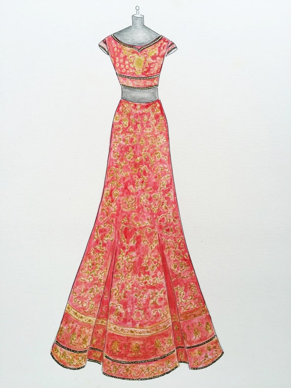 Custom Sari Drawing Original Indian Wedding Dress Custom Sari Drawing Original Indian Wedding Dress