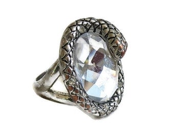 Snake Ring Large Cut Glass & Rhinestones Vintage Statement in Size 8