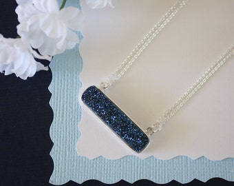 Blue Druzy Necklace, Crystal Necklace, Thin Druzy Pendant, Sideways Druzy, Silver, Silver Druzy, Frost Pendant, Natural Stone, DRZY4