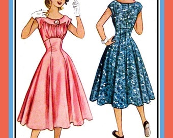 1953-EMPIRE WAIST PARTY Dress-Sewing Pattern-Shaped Yoke-Ruched BodiceButton Statement-Cap Sleeves-Full Flare Flirt Skirt-Size 14-Mega Rare